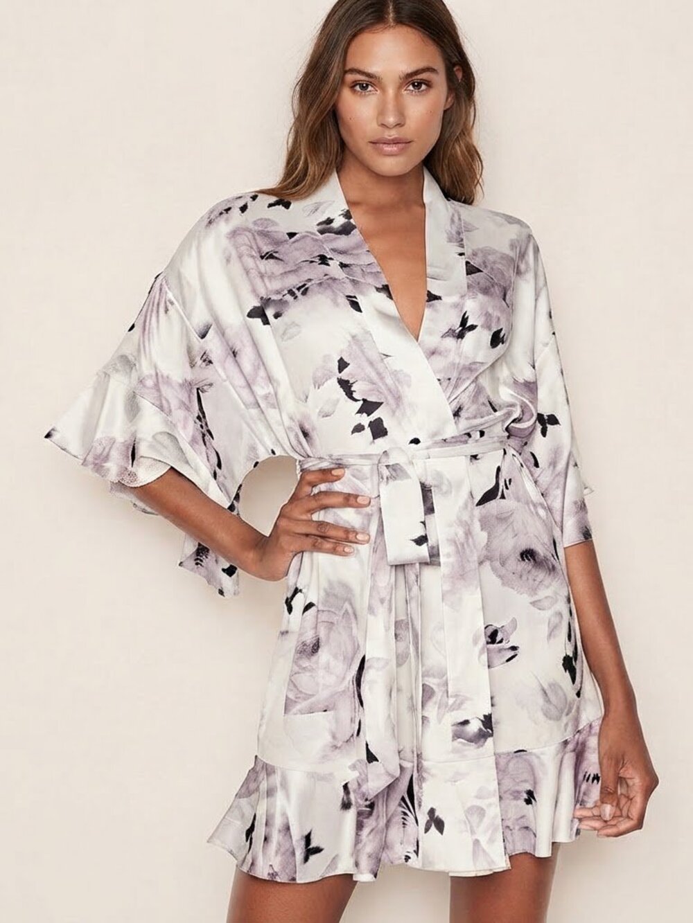 2 Piece Matching Set: XS/S Robe + Small Romper Floral Satin Lace New
